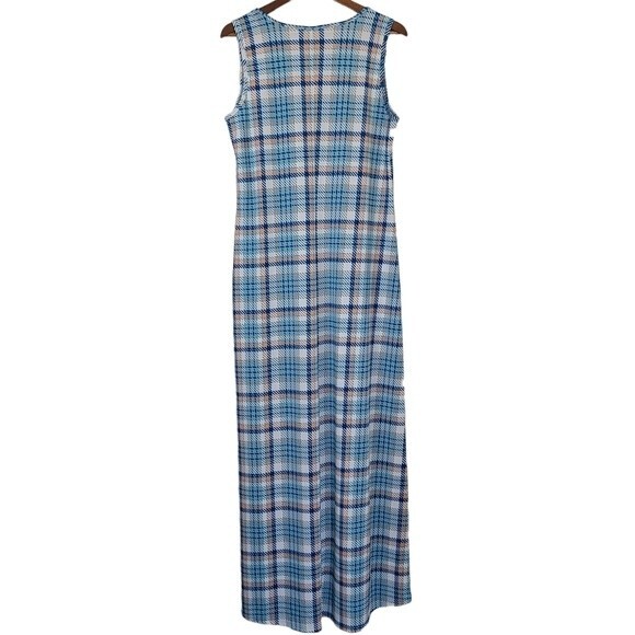 LuLaRoe Dani Tank Sleeveless Maxi Dress Blue Tan White Plaid Sundress Size XL - Picture 4 of 9